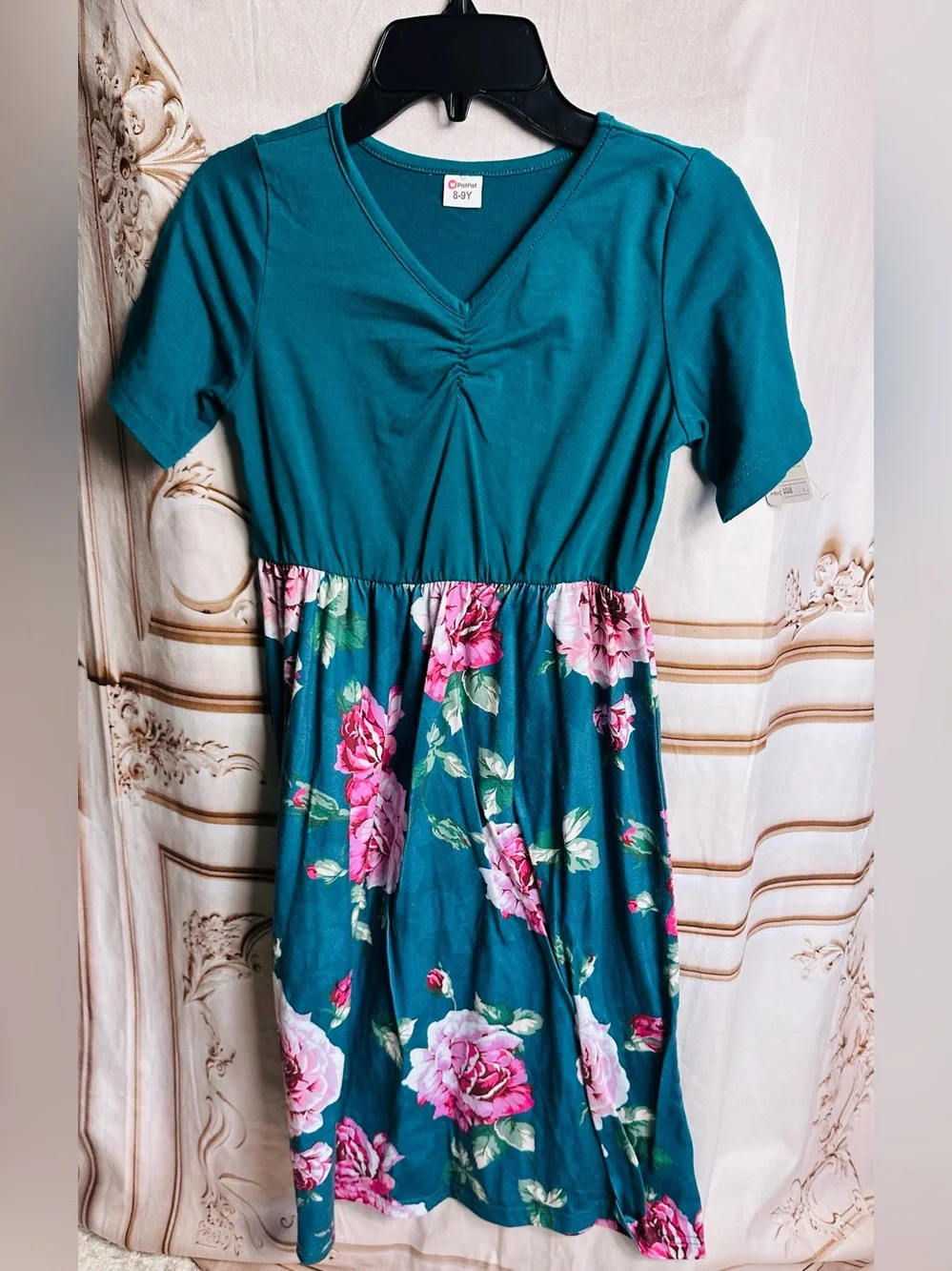 PatPat Teal Floral Knit Dress with Pink Accents